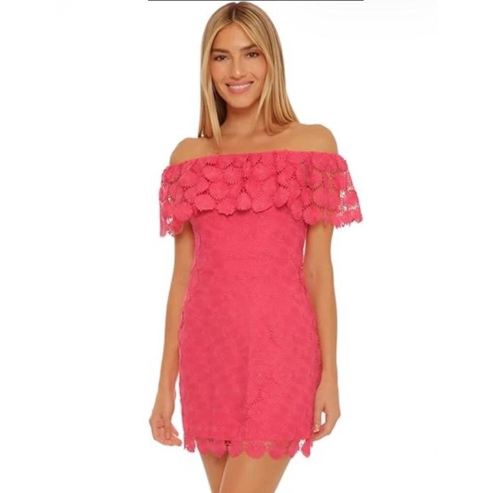 NWT TRINA TURK Hot Pink Off the Shoulder Crochet Lace Mini Dress